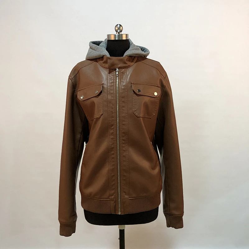 Medium Women Hooded Pu Jacket With Brown Leather Coat For Female YE-1853