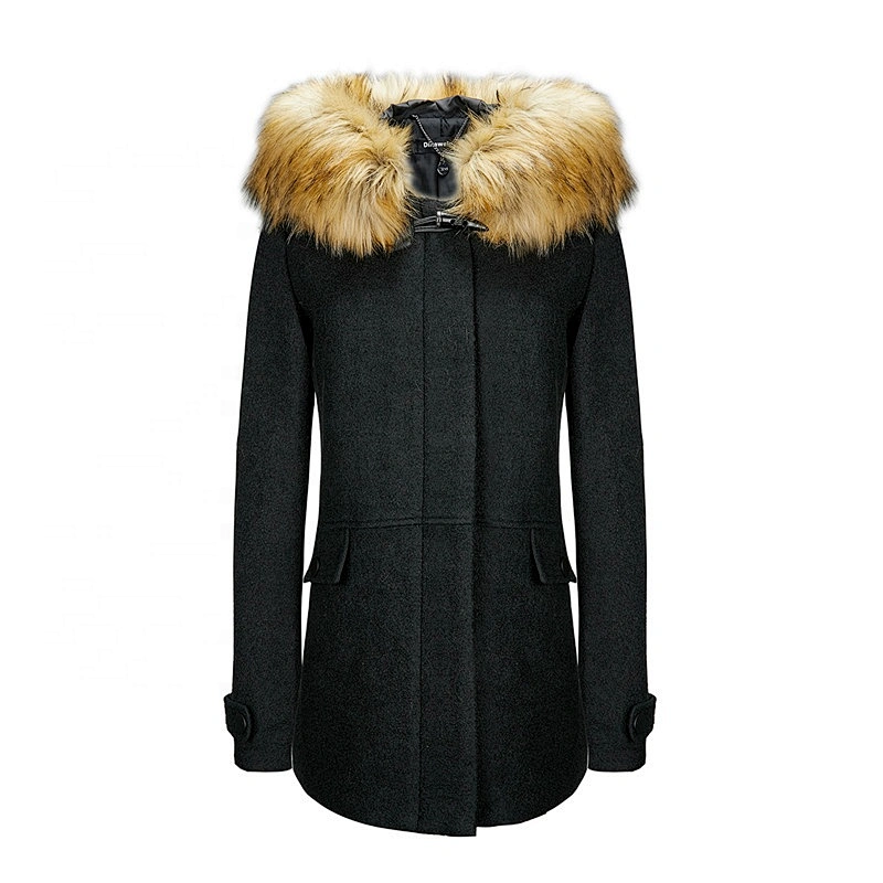Women Winter Long  Windproof Hooded  With Fur Trench Wool Coat Warm For Lady LR-8903