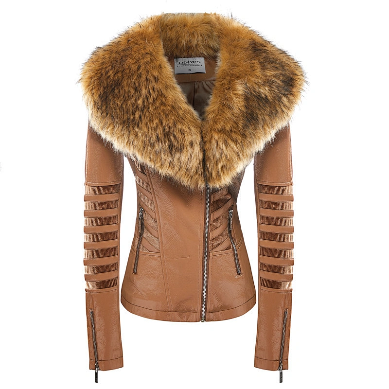 Winter Warm  Fashion OEM Waterproof Zipper Slim  100%PU Jacket  With Fur Coat 603-J721249
