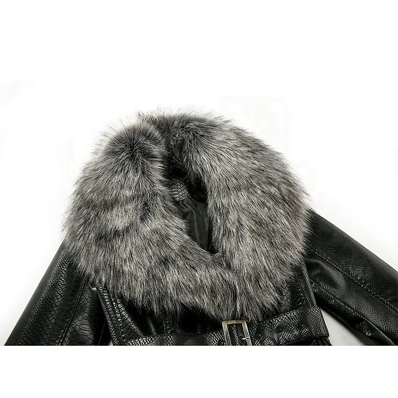 Winter Warm  OEM Waterproof Zipper Slim  100%PU Black Jacket  With Fur Coat LR-8878