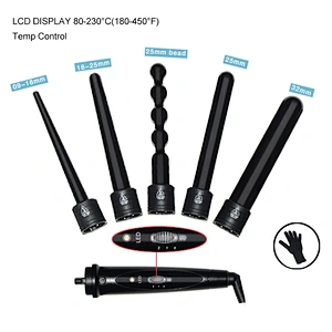 6-in-1 Curling Iron Wand Set, Interchangeable Ceramic Barrels and LCD Temperature Display Hair Curler,Heating Curling Wand for All Hair Type, Dual Voltage, Included Heat Protective Glove