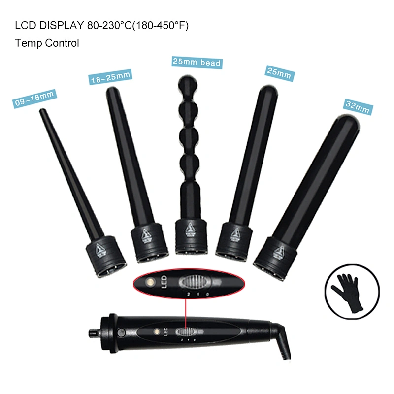 6-in-1 Curling Iron Wand Set, Interchangeable Ceramic Barrels and LCD Temperature Display Hair Curler,Heating Curling Wand for All Hair Type, Dual Voltage, Included Heat Protective Glove