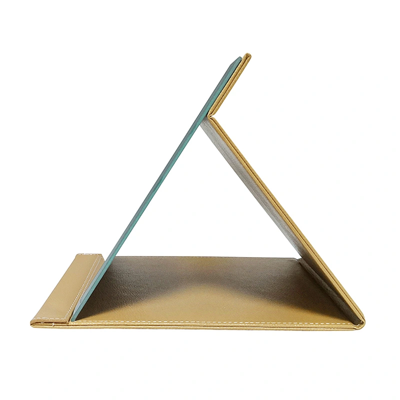 2019 Top selling Factory Fold PU Mirror Folding Desktop Makeup Mirror with Adjustable Stand for Personal Use Travelling