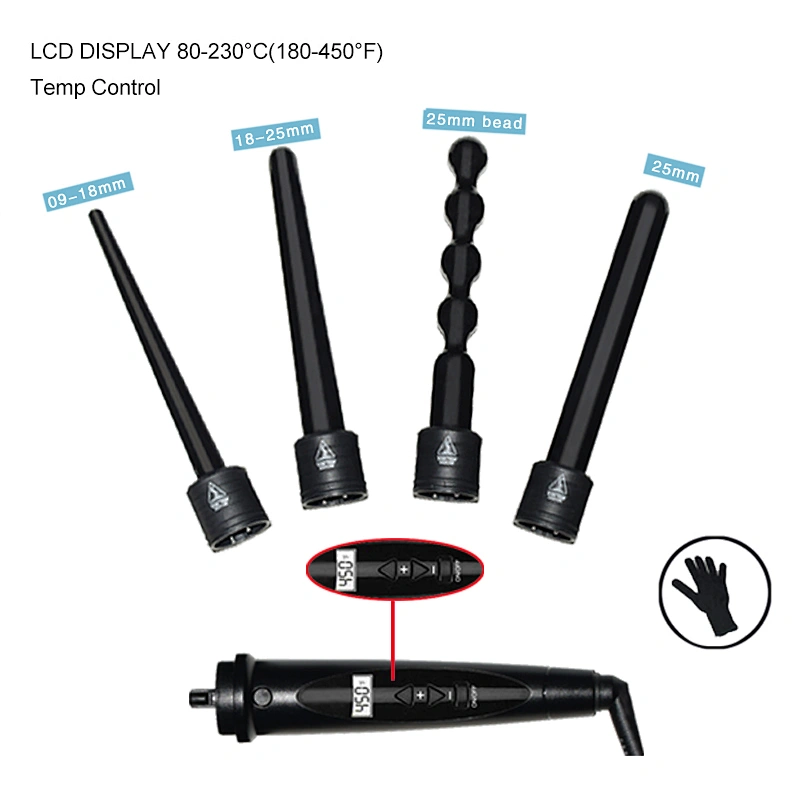 5-in-1 Curling Iron Wand Set, Interchangeable Ceramic Barrels and LCD Temperature Display Hair Curler,Heating Curling Wand for All Hair Type, Dual Voltage, Included Heat Protective Glove