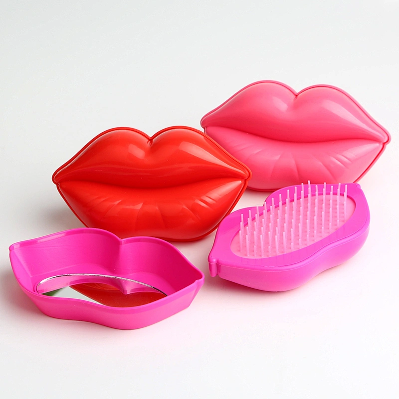 Personalized Lip Shape Detangling Scalp Massage Hair Brush Comb Plastic Hair With Make Up Mirror