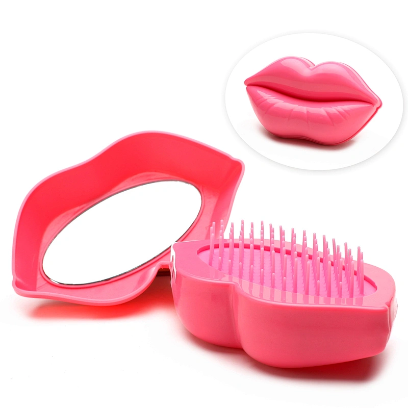 Personalized Lip Shape Detangling Scalp Massage Hair Brush Comb Plastic Hair With Make Up Mirror