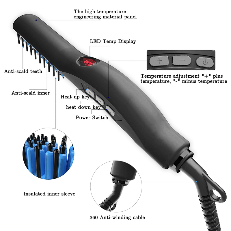 Edunicysh Beard Straightener for Men - Anti-Scald Beard Straightening Comb Hair Straightening Brush, Quick Styling Electric Hot Comb with LED Display and Temperature Control Settings(Black)