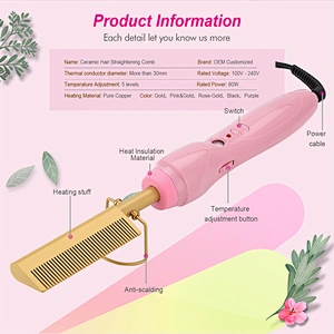 Edunicysh Hot Comb 360 Swivel Cord Portable Black Hair Straightener Comb PTC Ceramic Heating Hair Straightener Brush