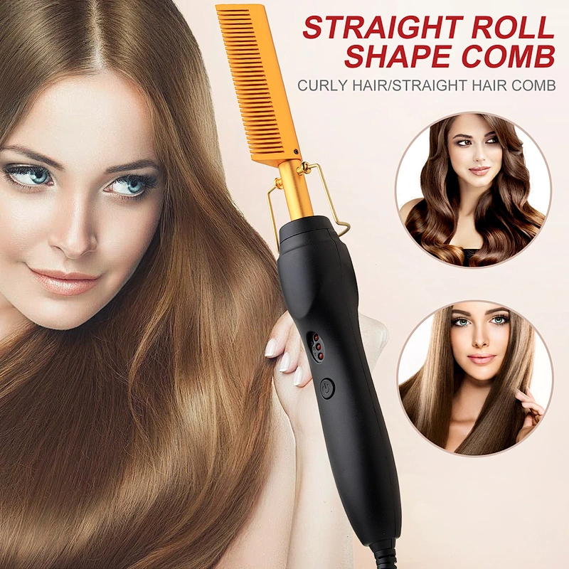 Erokicysh Electric Hot Comb Hair Straightener Heat Pressing Comb Ceramic Curling Flat Iron Curlers Designed Hair Hot Comb,Portable Anti-Scald Wigs Beard Hair Straightener Press Comb for Travel and Home Use