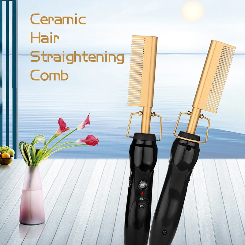 Erokicysh Electric Hot Comb Hair Straightener Heat Pressing Comb Ceramic Portable Curling Iron Anti-Scald Wigs Beard Hair Straightener Press Comb Travel Flat Iron Hair Straightening Brush for Natural Black