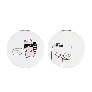 Wholesale Private Label Round Shape Popular Cutie Animal Design Pu Foldable Travel Size Mirror Double Sized