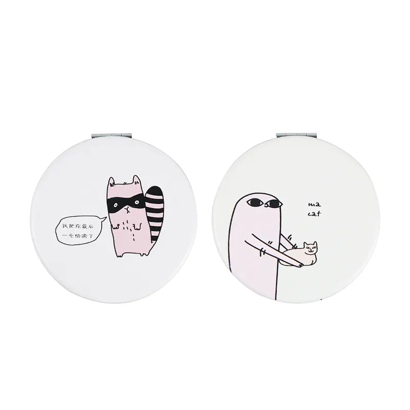 Wholesale Private Label Round Shape Popular Cutie Animal Design Pu Foldable Travel Size Mirror Double Sized