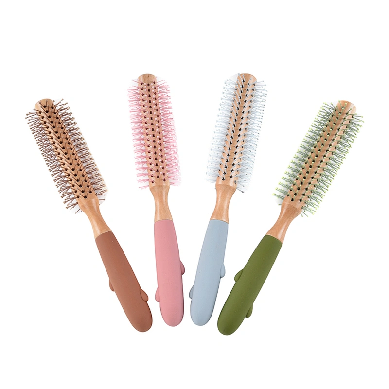 Good Quality Custom High-Density Wood Four Colors Silicone Handle Cactus Curling Wooden Hair Comb For Barber Hair Cutting