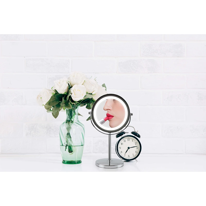 Wholesale Private Label High Quality Middle Size Bathroom Round Stainless Steel Frame Mirror Table Led Light Makeup Mirror