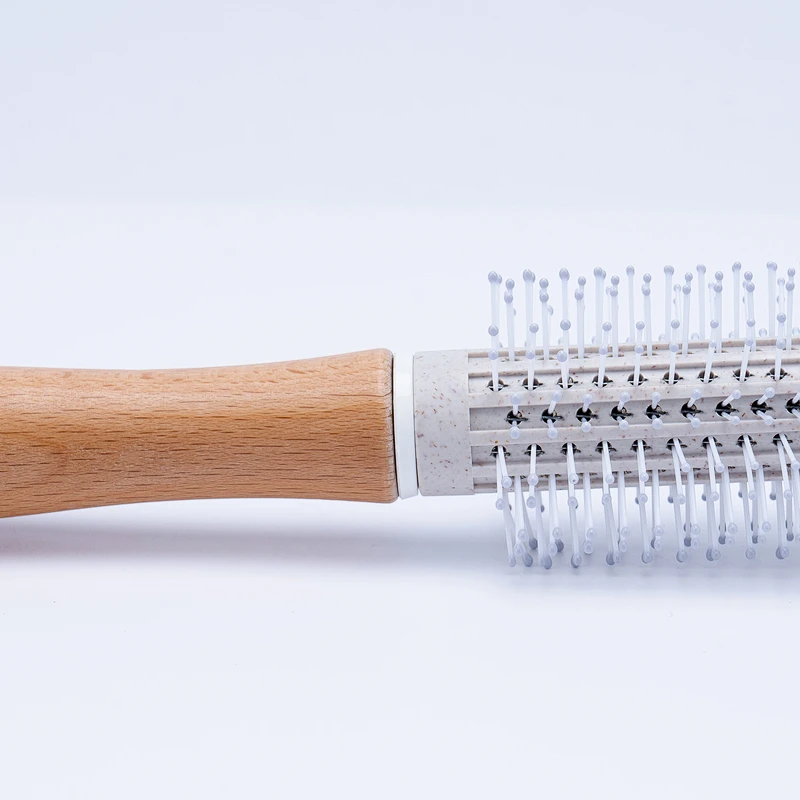 Customized Wheat Straw Rolling Plastic Massage Scalp Round Wood Handle Hair Styling Brush For Curly Hair