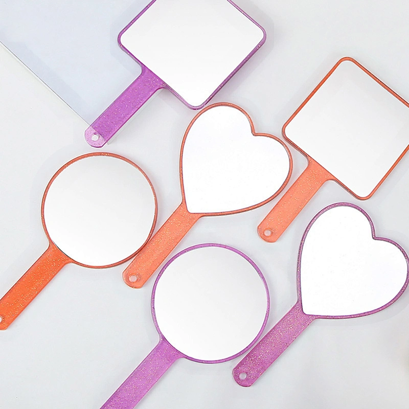 Wholesale Low Moq Custom Logo Round Heart-shaped Single Side Plastic Mini Cosmetic Makeup Pocket Handle Mirror