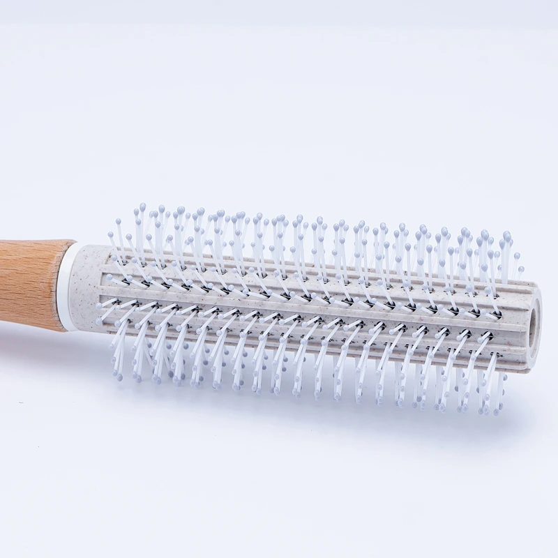 Customized Wheat Straw Rolling Plastic Massage Scalp Round Wood Handle Hair Styling Brush For Curly Hair