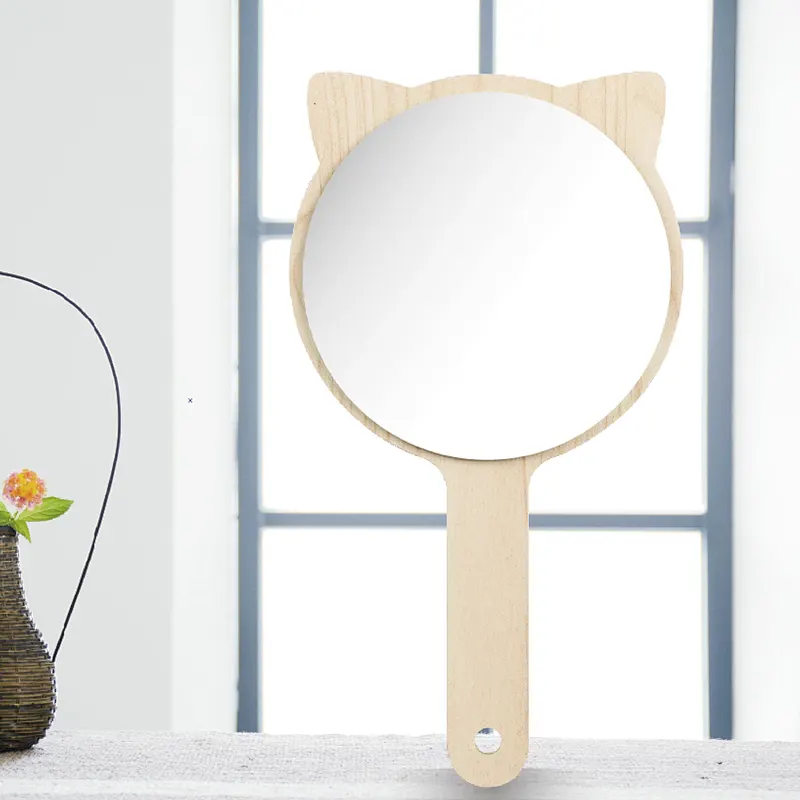 Wholesale Low Moq Custom Logo Round Square Single Side Wooden Mini Cosmetic Makeup Pocket Handle Mirror