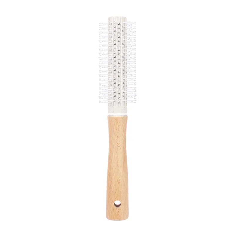 Customized Wheat Straw Rolling Plastic Massage Scalp Round Wood Handle Hair Styling Brush For Curly Hair