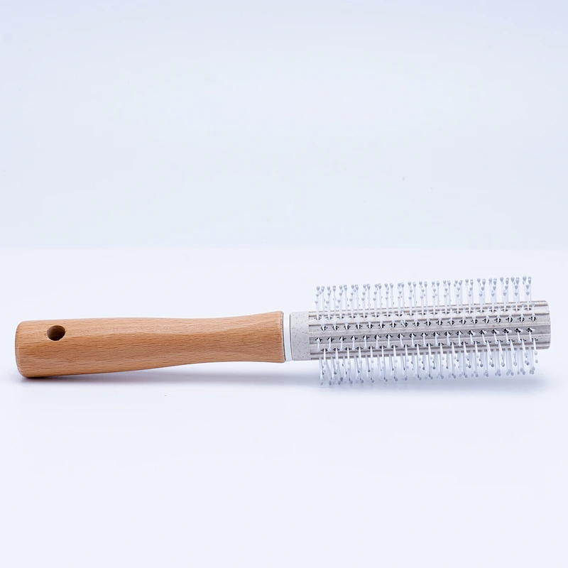 Customized Wheat Straw Rolling Plastic Massage Scalp Round Wood Handle Hair Styling Brush For Curly Hair