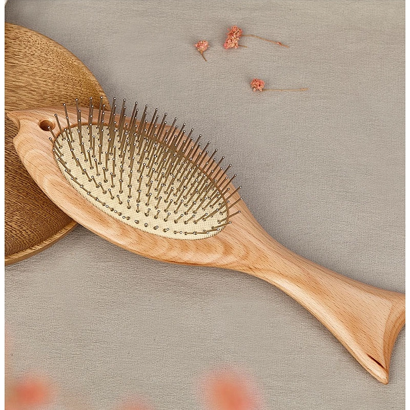 Wholesale Private Label Home Use Animal Shape Fish Style Brush Wooden Handle Vented Hairbrush For Women