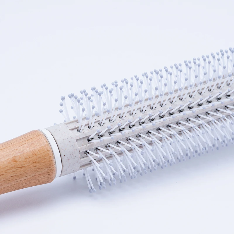Customized Wheat Straw Rolling Plastic Massage Scalp Round Wood Handle Hair Styling Brush For Curly Hair