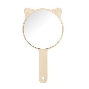 Wholesale Low Moq Custom Logo Round Square Single Side Wooden Mini Cosmetic Makeup Pocket Handle Mirror