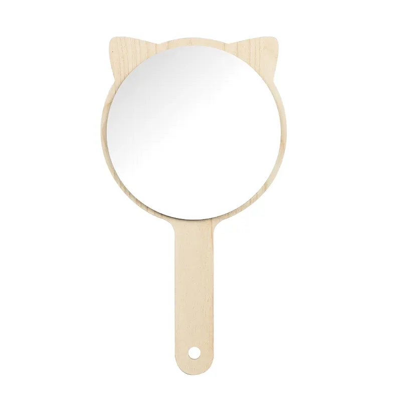 Wholesale Low Moq Custom Logo Round Square Single Side Wooden Mini Cosmetic Makeup Pocket Handle Mirror