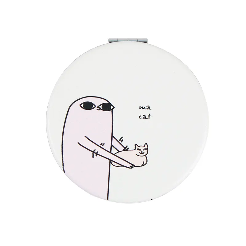 Wholesale Private Label Round Shape Popular Cutie Animal Design Pu Foldable Travel Size Mirror Double Sized