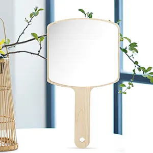 Wholesale Low Moq Custom Logo Round Square Single Side Wooden Mini Cosmetic Makeup Pocket Handle Mirror