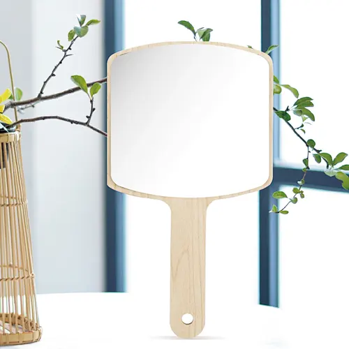 Wholesale Low Moq Custom Logo Round Square Single Side Wooden Mini Cosmetic Makeup Pocket Handle Mirror