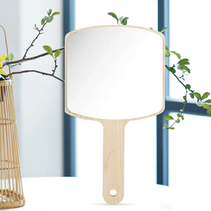 Wholesale Low Moq Custom Logo Round Square Single Side Wooden Mini Cosmetic Makeup Pocket Handle Mirror