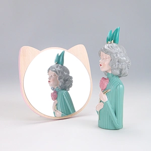 New Trending Cute Pet Series Wooden Table Mirror Healing System Log Table Lady Student Mirror Wooden Vanity Table Makeup Mirror