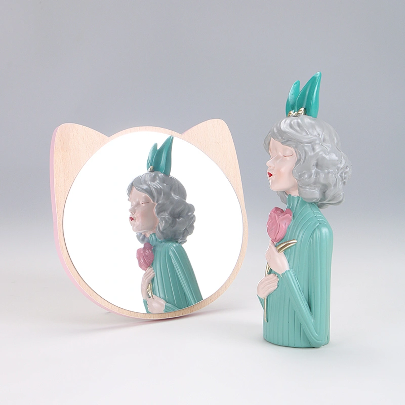 New Trending Cute Pet Series Wooden Table Mirror Healing System Log Table Lady Student Mirror Wooden Vanity Table Makeup Mirror