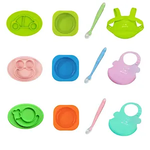 Gift Box baby feeding Set   silicone tray bibs spoon bowl   Tableware for Children