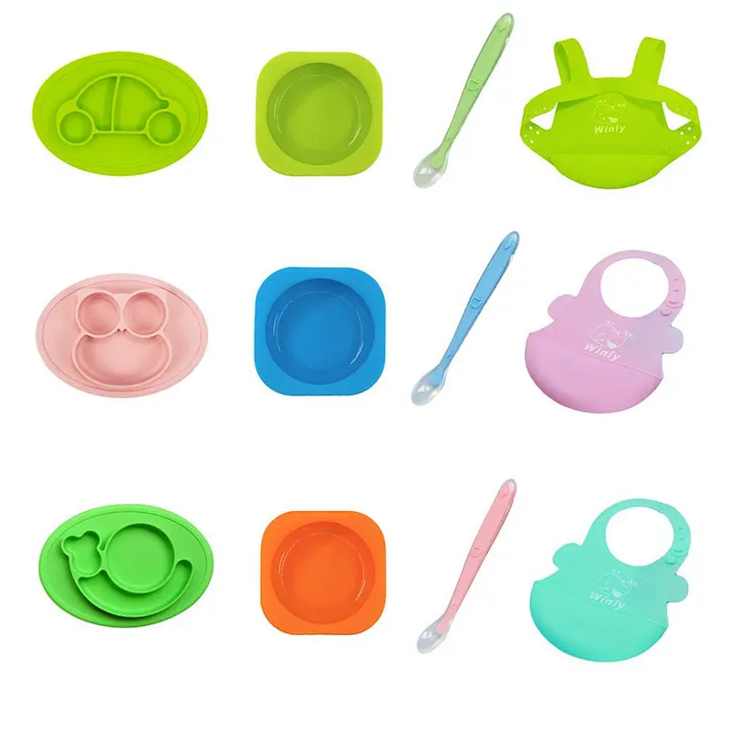 Gift Box baby feeding Set   silicone tray bibs spoon bowl   Tableware for Children