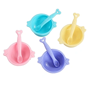 Baby Cartoon fish shape Silicone suction Bowl and matching spoon set  Babies Supplementary Bowl Spoon Tableware Set