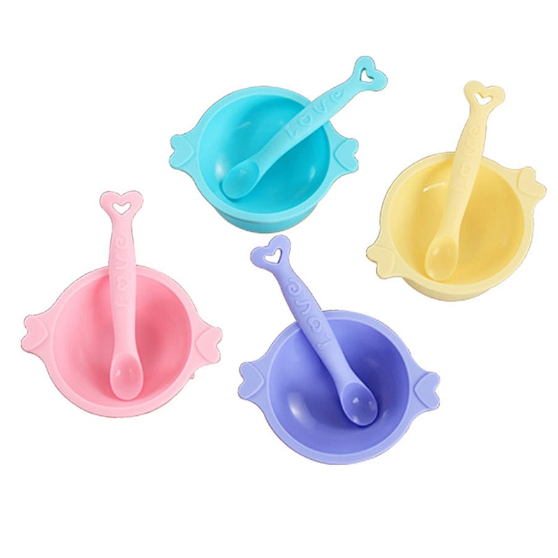 Baby Cartoon fish shape Silicone suction Bowl and matching spoon set  Babies Supplementary Bowl Spoon Tableware Set