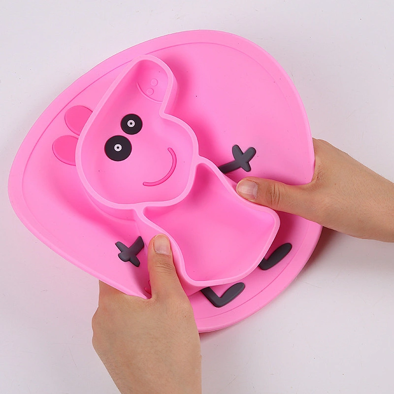 custom  silicone Integral heating  Cartoon pig shaped feeding plate  suction  Anti-skid Belt  Plates  Tableware for  Toddlers