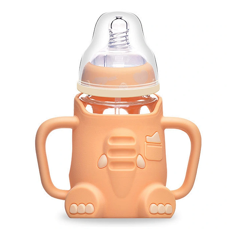 Lovely Cartoon elephant  infant baby  Milk Feeding Bottle BPA Free  silicone plastic cover glass water bottle with handle