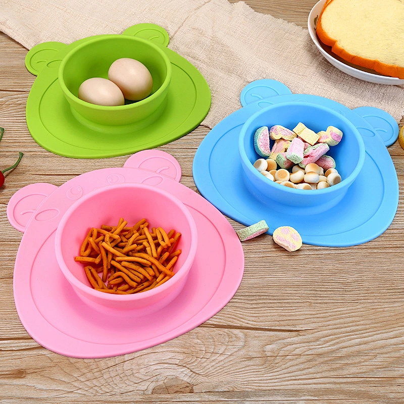 factory custom   Bear  Silicone mold  tray Suction  bowl and plate Placemat Toddler Bowls Anti-Slip baby suction bowl