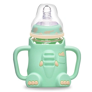 Lovely Cartoon elephant  infant baby  Milk Feeding Bottle BPA Free  silicone plastic cover glass water bottle with handle