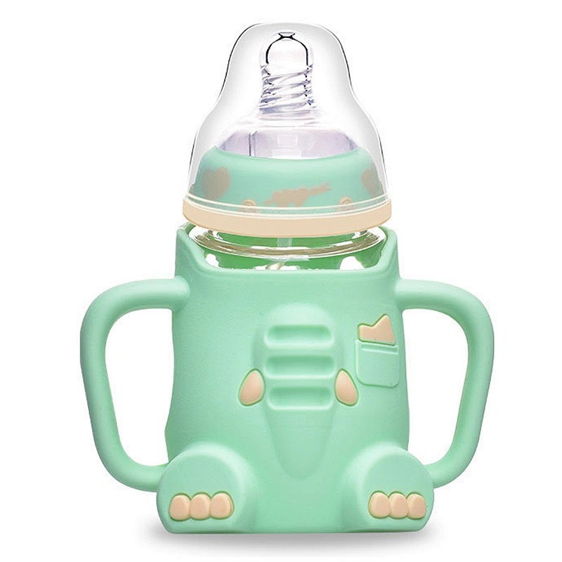 Lovely Cartoon elephant  infant baby  Milk Feeding Bottle BPA Free  silicone plastic cover glass water bottle with handle