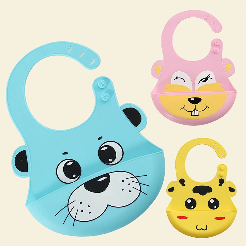 custom Adjustable cartoon printed   baby silicone  bibs  logo waterproof bib with Food Catcher Easily Wipes Clean