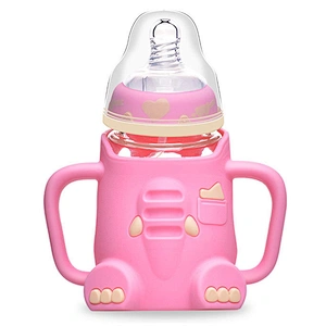 Lovely Cartoon elephant  infant baby  Milk Feeding Bottle BPA Free  silicone plastic cover glass water bottle with handle