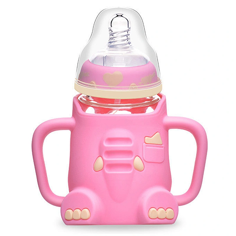 Lovely Cartoon elephant  infant baby  Milk Feeding Bottle BPA Free  silicone plastic cover glass water bottle with handle