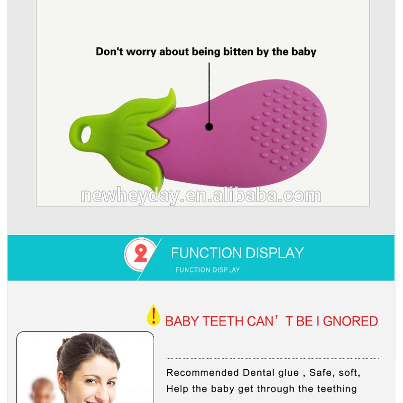 Hot sale eggplant shanped FDA silicone baby teether teething toys