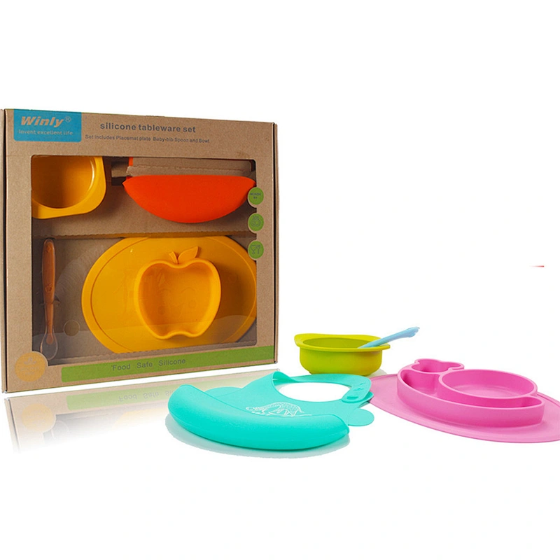 Gift Box baby feeding Set   silicone tray bibs spoon bowl   Tableware for Children