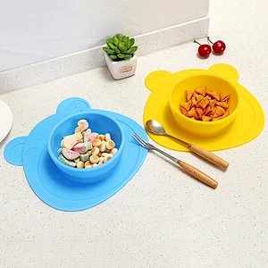 factory custom   Bear  Silicone mold  tray Suction  bowl and plate Placemat Toddler Bowls Anti-Slip baby suction bowl