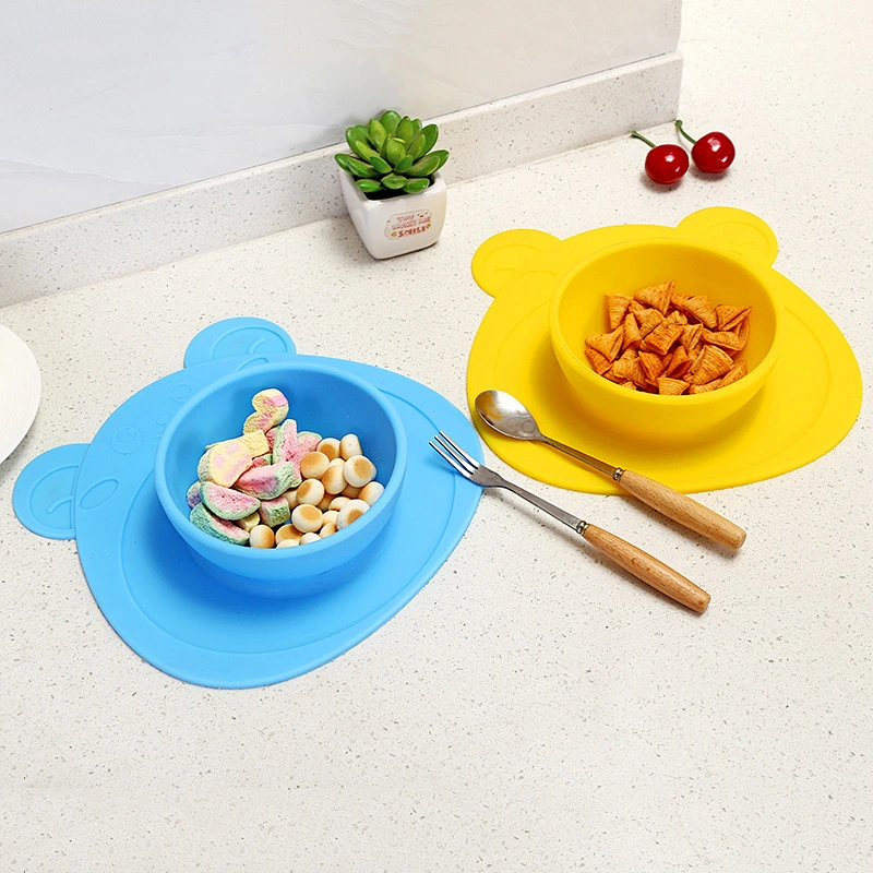 factory custom   Bear  Silicone mold  tray Suction  bowl and plate Placemat Toddler Bowls Anti-Slip baby suction bowl